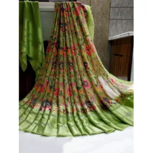Generic Women's Satin Patta Printed Saree With Unstitched Blouse (Green)