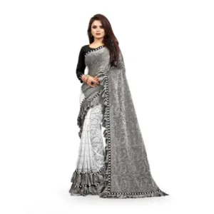 Generic Women's Silk With Mirror Lace Solid Saree With Unstitched Blouse (Grey, 5-5 Mtrs)