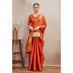 Generic Women's Silk Blend Floral Printed Saree With Unstitched Blouse 5.5Mtr (Red)