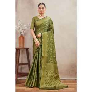 Generic Women's Silk Blend Floral Printed Saree With Unstitched Blouse 5.5Mtr (Green)