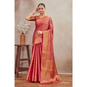 Generic Women's Silk Blend Floral Printed Saree With Unstitched Blouse 5.5Mtr (Pink)