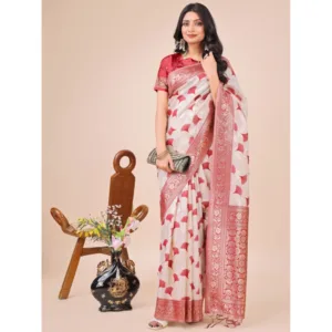 Generic Women's Linen Cotton Printed Saree With Unstitched Blouse 5.5Mtr (Maroon)