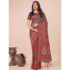 Generic Women's Cotton Printed Saree With Unstitched Blouse 5.5Mtr (Red)