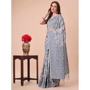 Generic Women's Cotton Printed Saree With Unstitched Blouse 5.5Mtr (Grey)