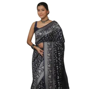 Generic Women's Silk Printed Saree With Unstitched Blouse 5.5Mtr (Navy Blue)